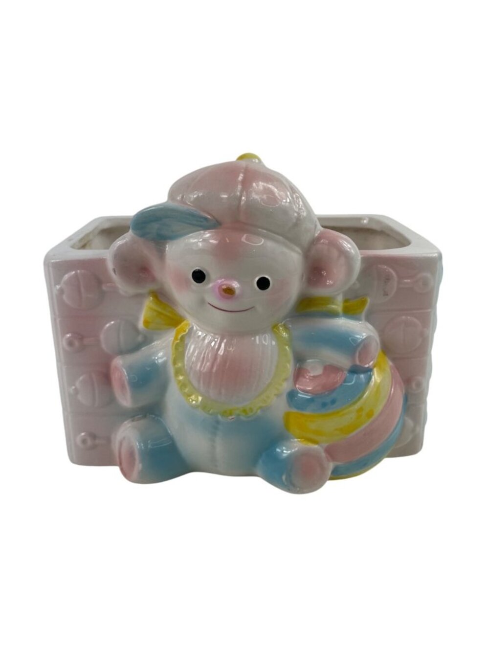Vintage Relpo Ceramic Baby Planter Pastel Colors Bear Design & Rattle Motif
